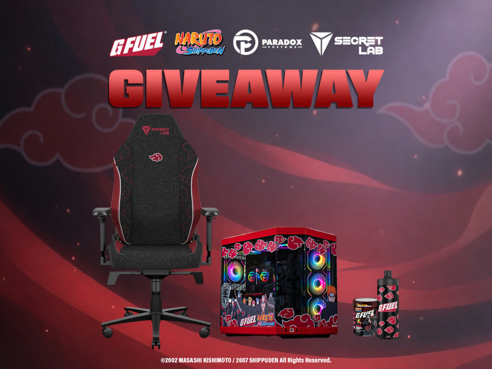 Giveaway prize: custom Akatsuki PC, Secretlab TITAN Evo Akatsuki chair and Akatsuki tub and sipper bundle