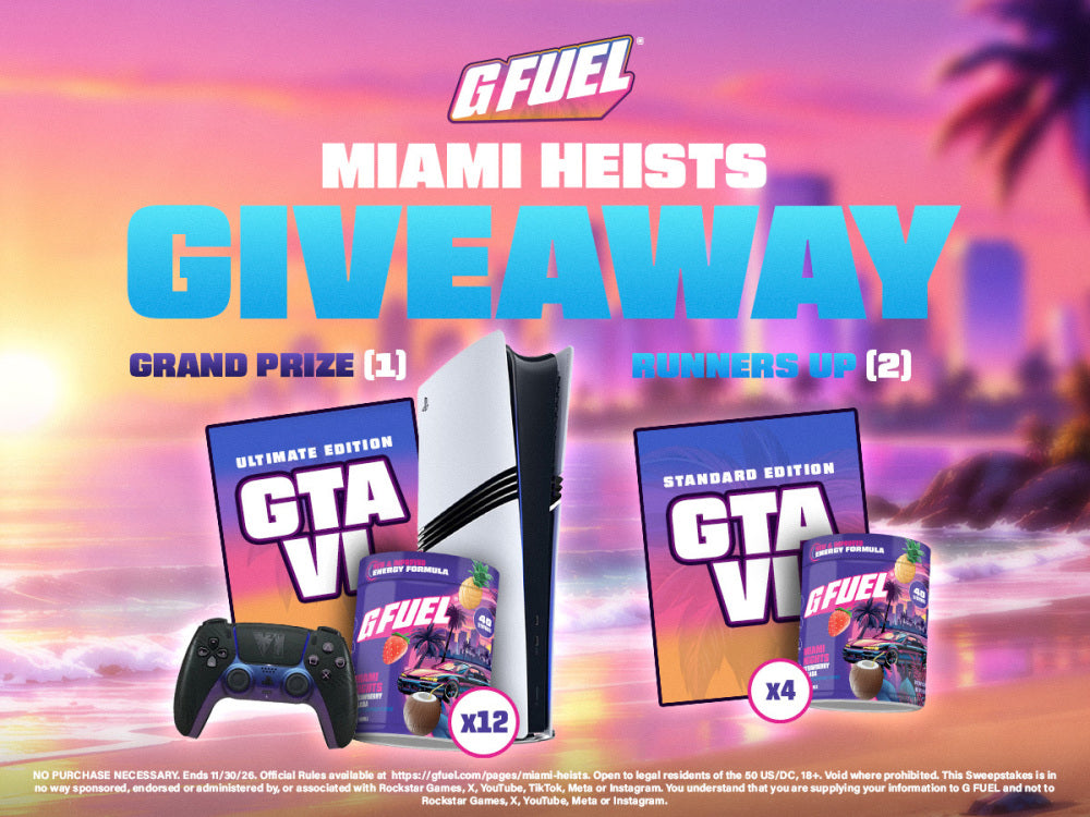 Miami Heists Giveaway prizes: PS5 Pro, GTA VI, DualSense controller and G FUEL tubs