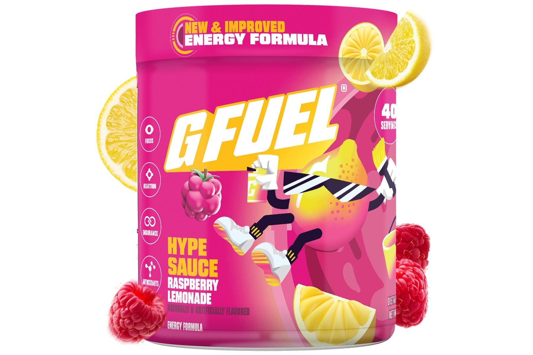 Hype Sauce 2.0 tub with fresh raspberries and lemons
