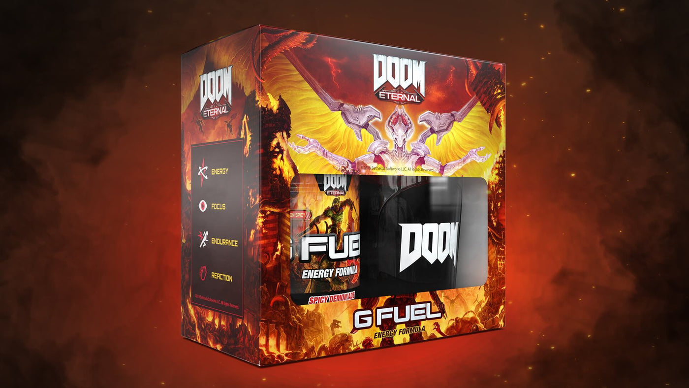 A DOOM Eternal-inspired G FUEL Spicy Demon'ade Collectors Box that includes a 40-serving tub and The Doom Slayer shaker cup.