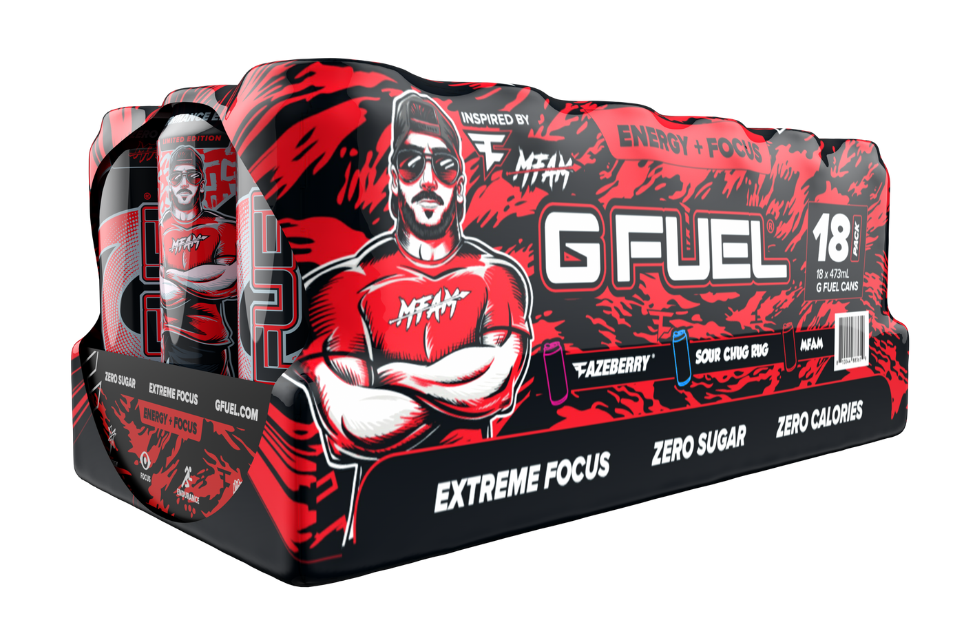 G FUEL's FaZe Clan Variety Pack is a Sam's Club-exclusive and contains 6 cans of each of the following flavors: MFAM Punch (NICKMERCS' first G FUEL flavor), FaZe Clan-inspired FaZeberry, and FaZe Rug-inspired Sour Blue Chug Rug.