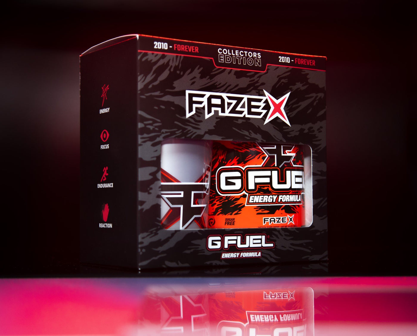 A G FUEL FaZe X collectors box includes one 40-serving FaZe X tub and one 16 oz shaker cup.