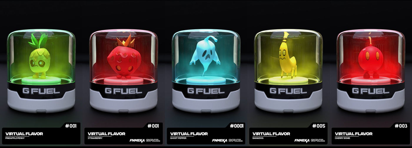G FUEL and FN Meka NFT energy drink flavors include Pineapple Penny, Strawberry Mon, Ghost Pepper, Banadog, and Cherry Bomb.