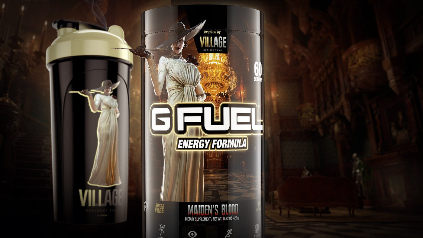 The G FUEL and Resident Evil Village Lady Dimitrescu Bundle includes a G FUEL Maiden's Blood 60-serving tub and 24 oz shaker cup.