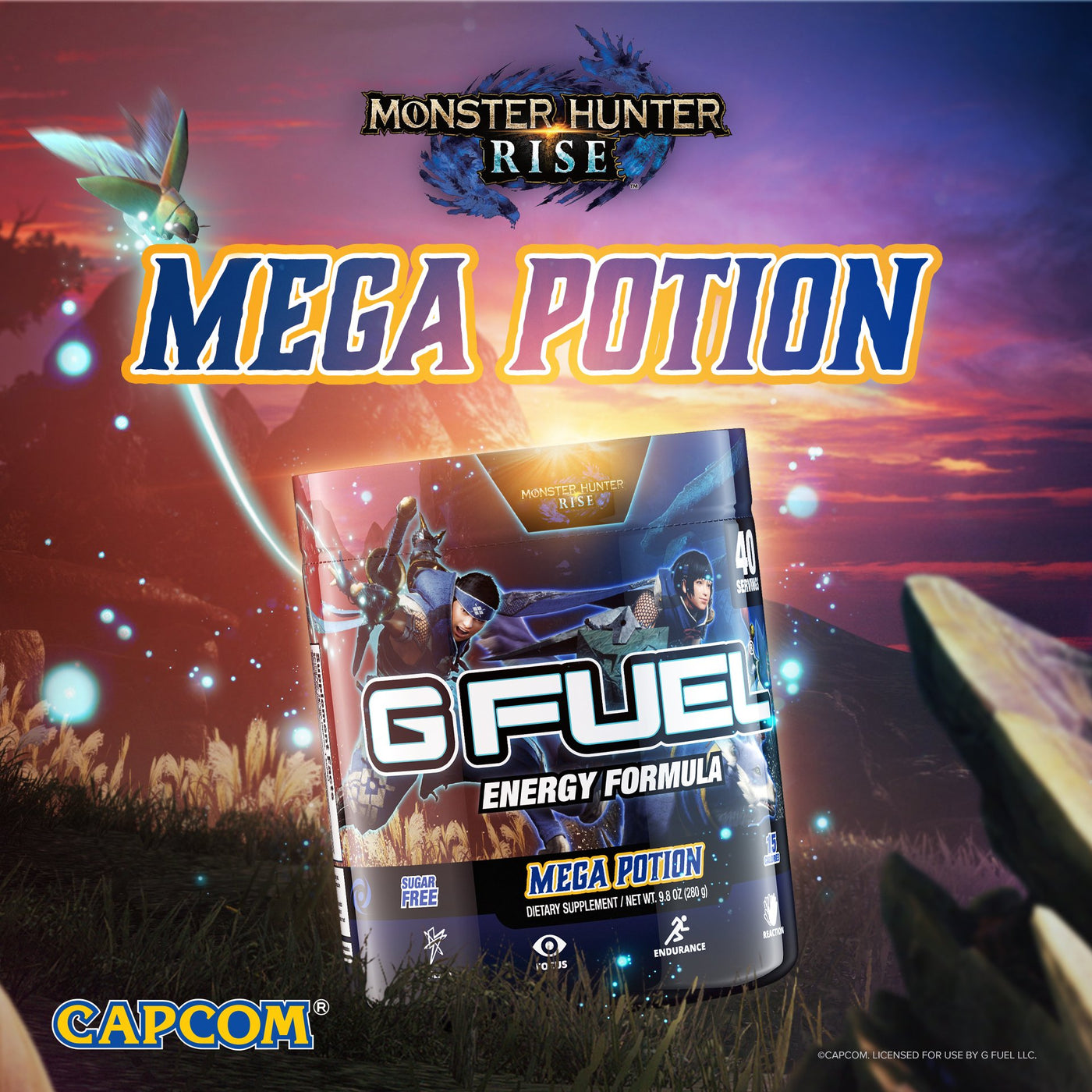G FUEL Mega Potion tub, inspired by Monster Hunter Rise and developed in partnership with CAPCOM