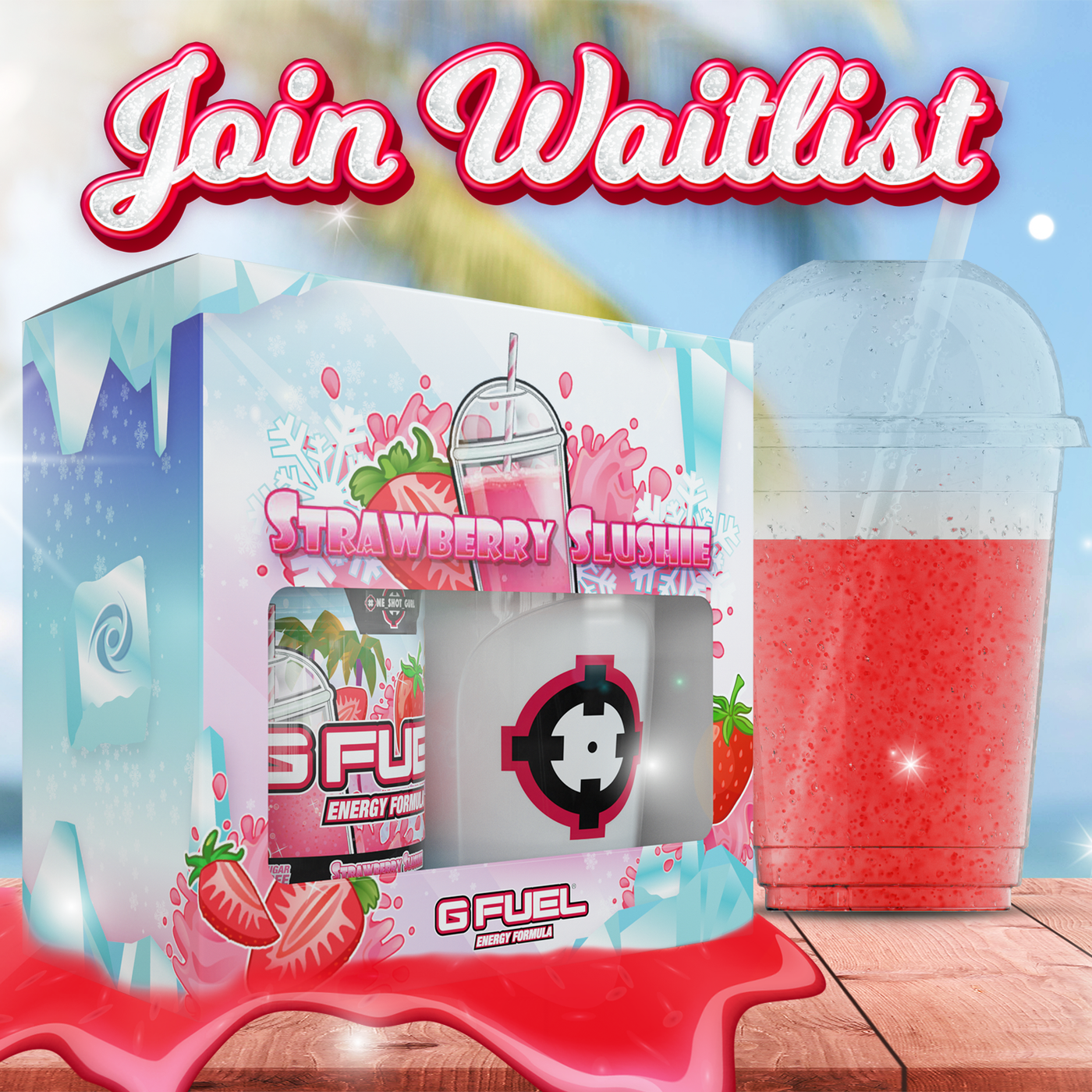 The G FUEL Strawberry Slushie Collector's Box, which includes one 40-serving Strawberry Slushie tub and one 16 oz ONE_shot_GURL 2.0 shaker cup, is inspired by ONE_shot_GURL and has candied, sweet, and refreshing flavor equal to its namesake.