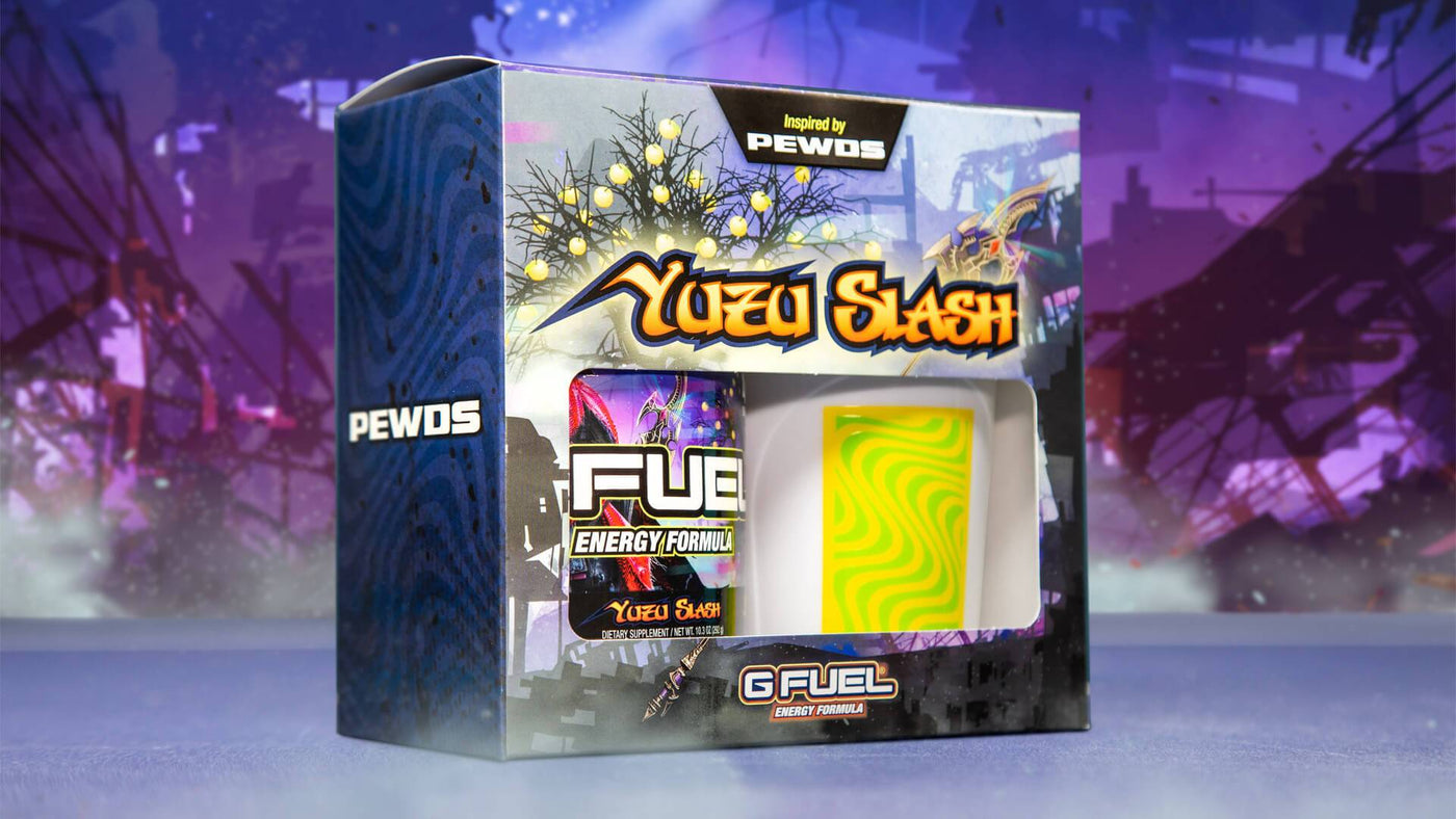 Developed in partnership with PewDiePie, the G FUEL Yuzu Slash collector's box includes one 40-serving Yuzu Slash tub and one 16 oz Yuzu Slash shaker cup.