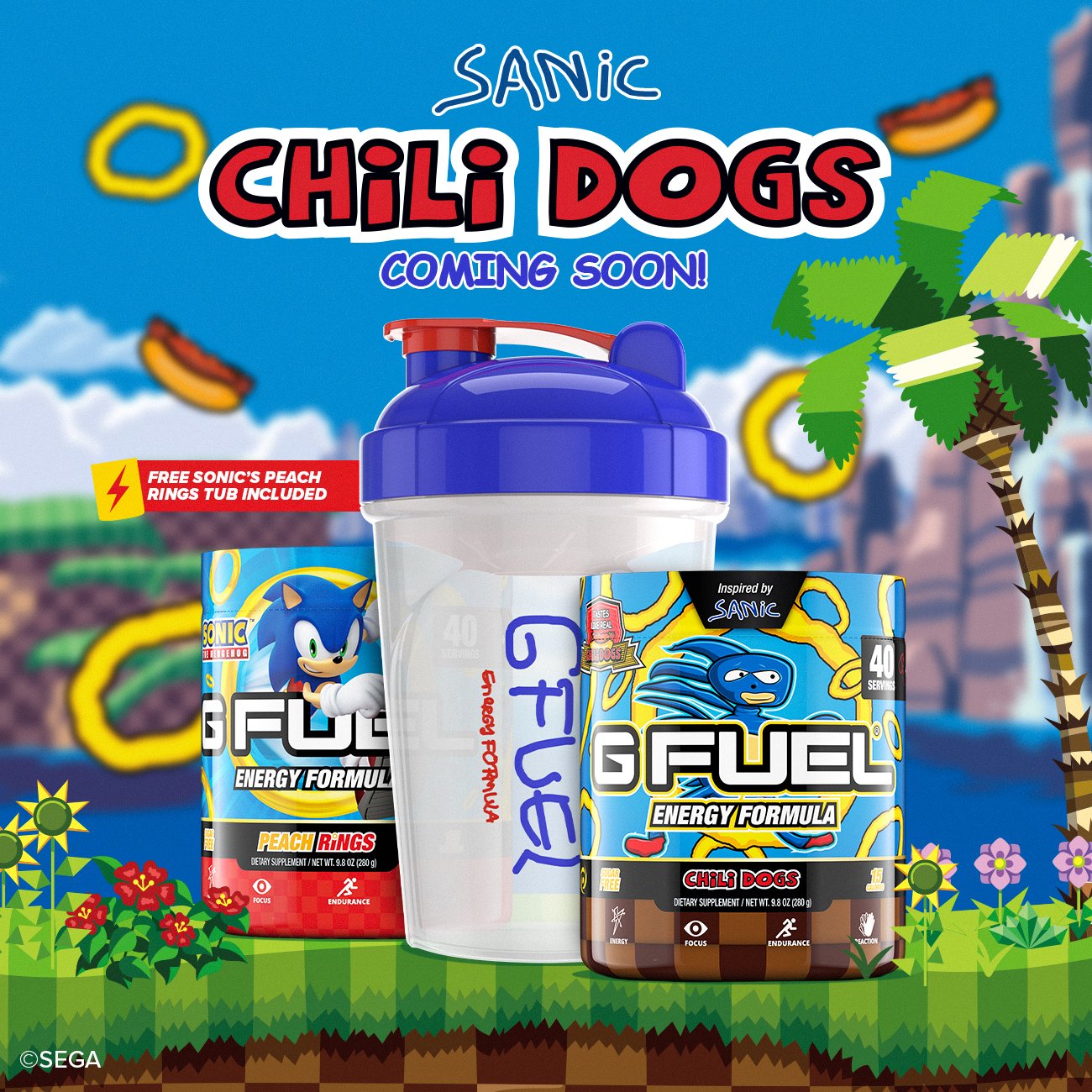 Inspired by SEGA's Sonic the Hedgehog "Sanic" meme, the G FUEL Sanic gamer energy drink bundle includes a Sanic Chili Dogs tub, Sanic shaker cup, and a free Sonic's Peach Rings tub