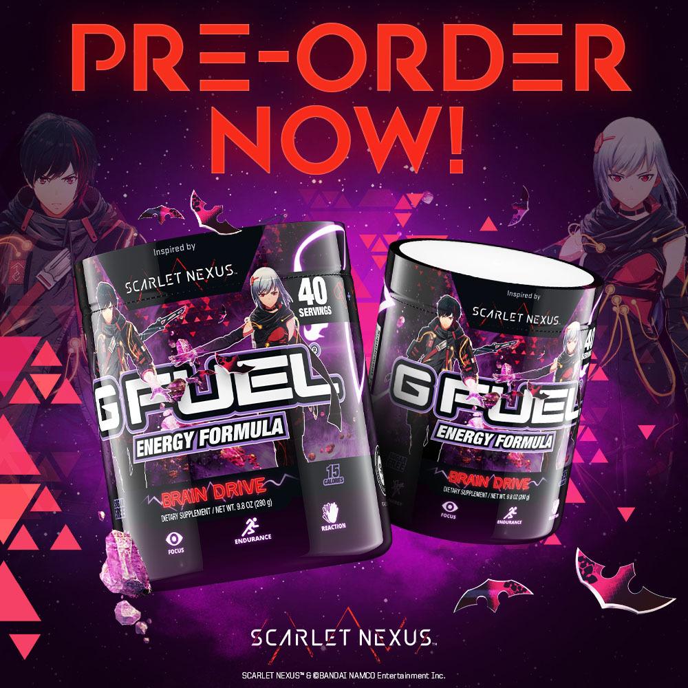 G FUEL Brain Drive tubs, inspired by BANDAI NAMCO Entertainment's new action RPG, SCARLET NEXUS, are available for pre-order at gfuel.com through June 30th or while supplies last.