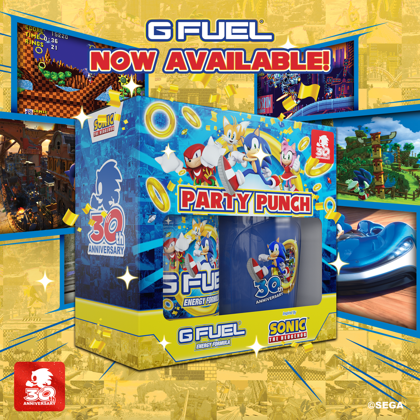 G FUEL Party Punch Collector's Box, created in celebration of Sonic the Hedgehog’s 30th anniversary and inspired by the Sweet Mountain stage in Sonic Colors: Ultimate™, is now available at gfuel.com.