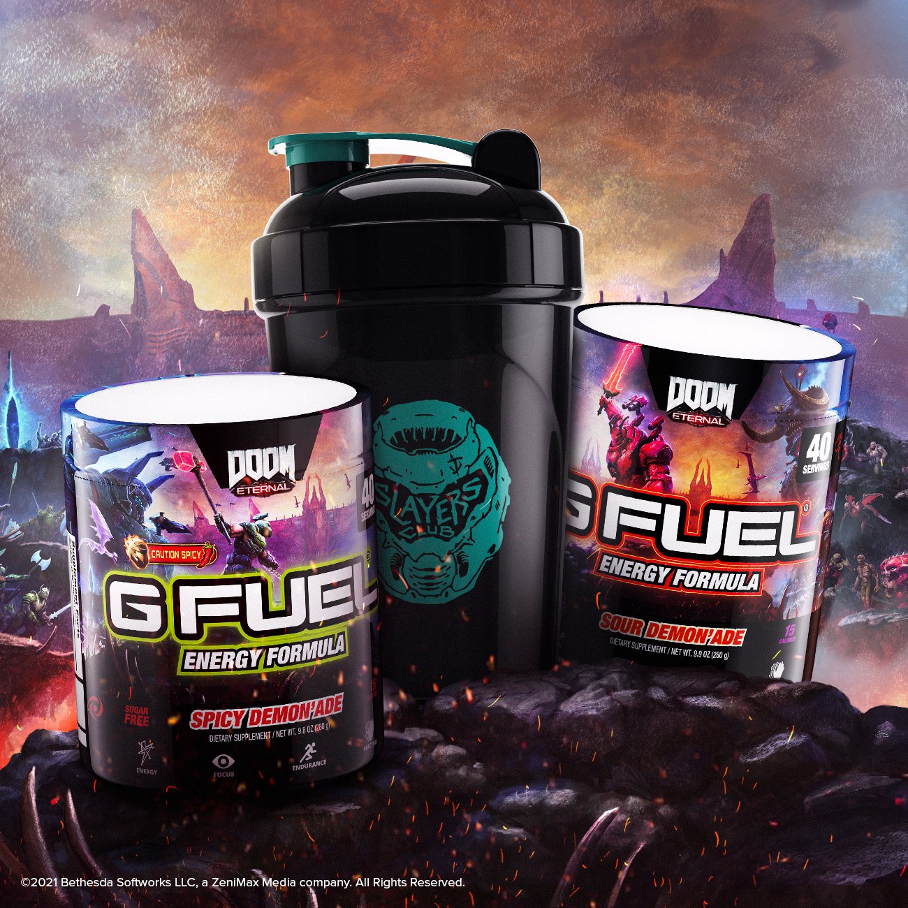 G FUEL Spicy Demon'ade tub, Slayer's Club shaker cup, and Sour Demon'ade tub, inspired by DOOM Eternal: The Ancient Gods – Part 2 and developed in partnership with Bethesda Softworks.