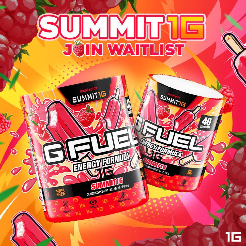 Join the waitlist for G FUEL Summit1G gamer energy drink tubs, launching on December 1, 2021, at gfuel.com.