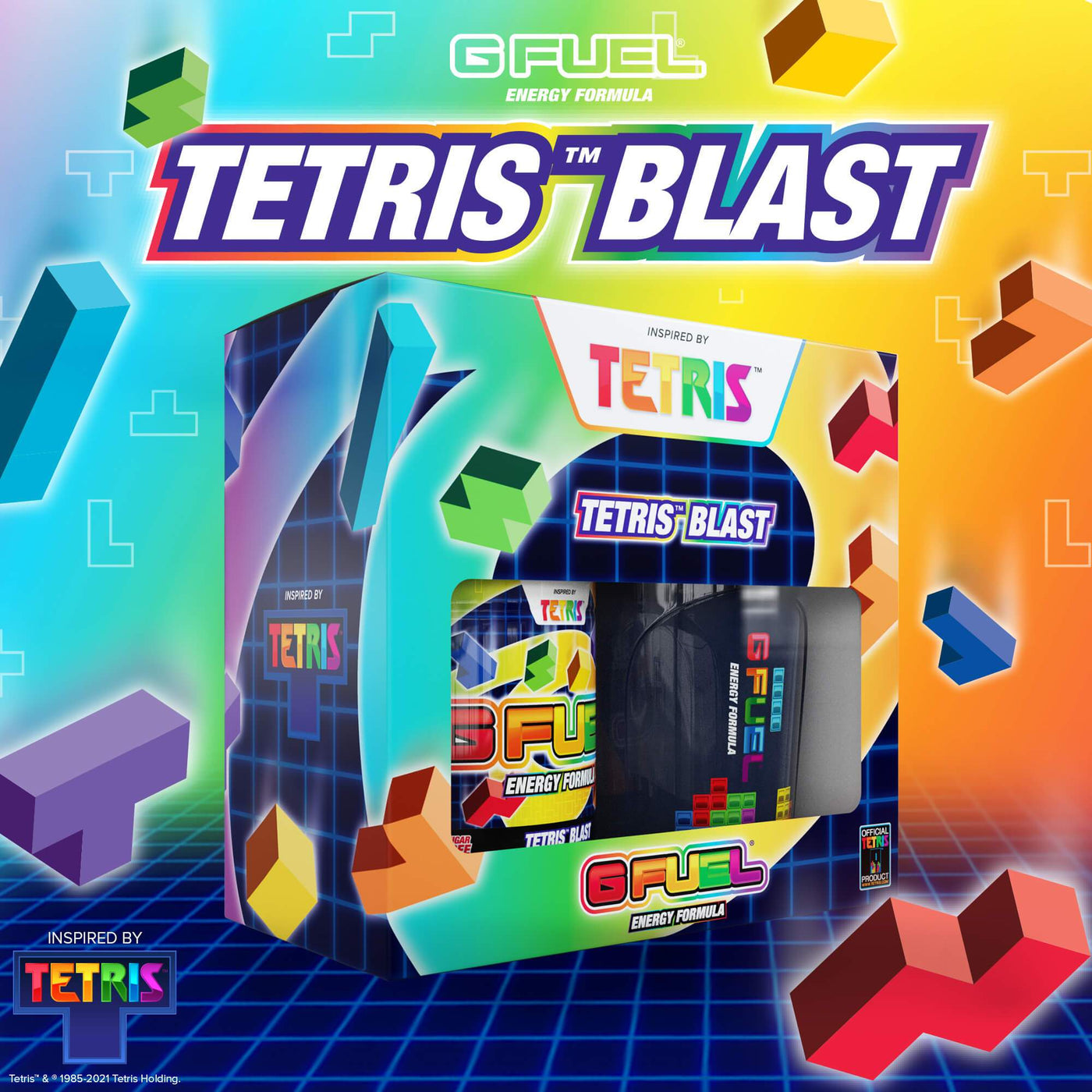 G FUEL Tetris Blast energy drink collector's box includes a 40-serving Tetris Blast tub and 16 oz Tetris shaker cup.