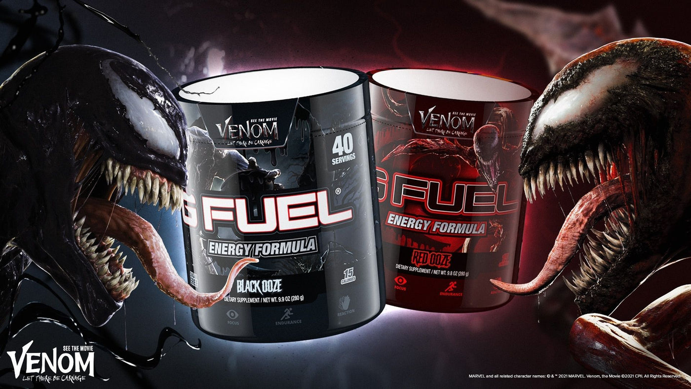 G FUEL and Venom: Let There Be Carnage Black Ooze and Red Ooze gamer energy drink tubs between Venom and Carnage