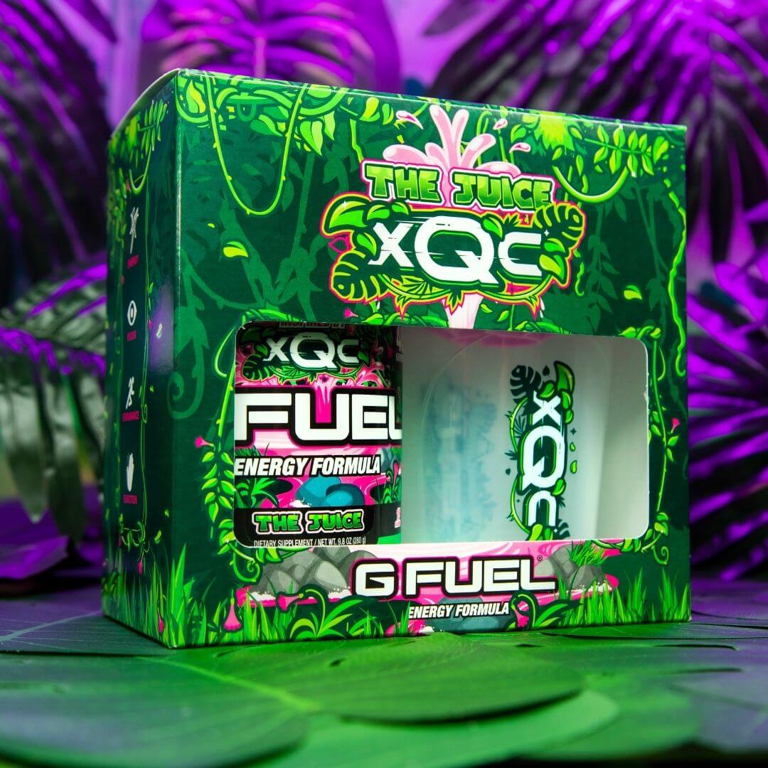 G FUEL and xQc's The Juice collectors box,  40-serving The Juice tub, 16 oz The Juicer shaker cup, gamer energy drink