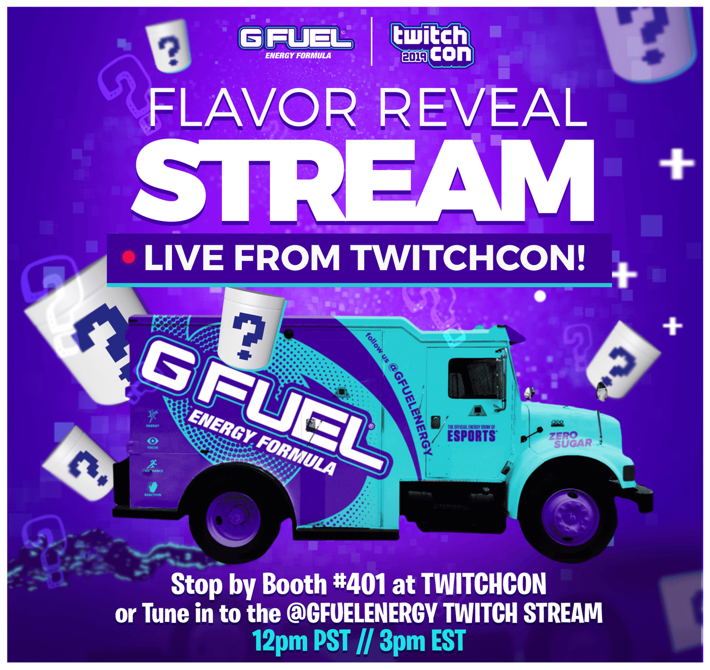 G FUEL will reveal its Twitch-inspired flavor at TwitchCon San Diego on September 27, 2019.