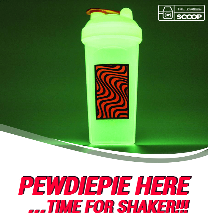 A PewDiePie tall boy G FUEL shaker cup is pictured above a line that reads 