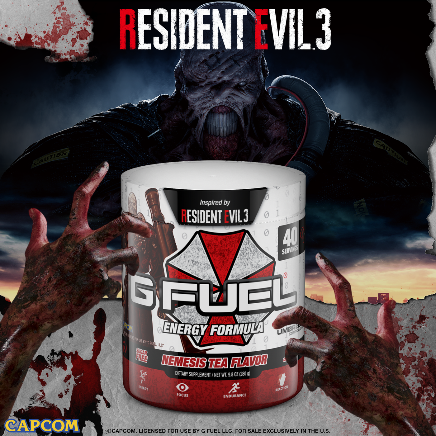G FUEL Nemesis Tea Flavor tub, inspired by Resident Evil 3