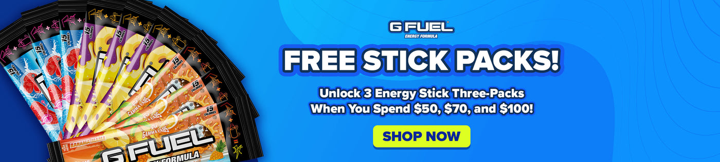G FUEL | Free Stick Packs! | Unlock 3 Energy Stick Three-Packs when you spend $50, $70, and $100! | Shop Now