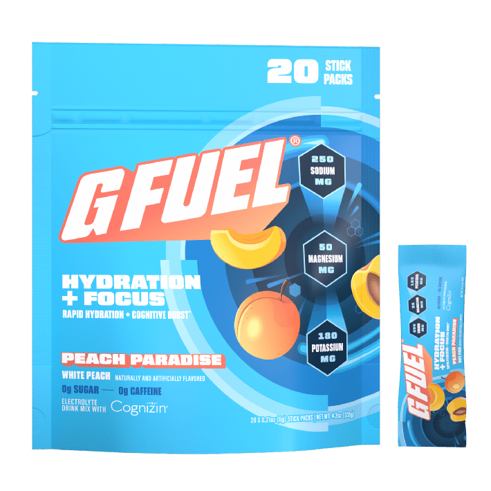 Tik Tok Shop| G FUEL Hydration + Focus | Powdered Drink Mix | Variety (12 Pack) | Orange Oasis | Peach Paradise | Strawberry Splash | Lemon Limelight | Zero Sugar and Zero Caffeine | Mixed with Cognizin Pack Peach Paradise 20-Pack HF-GGB-WP20