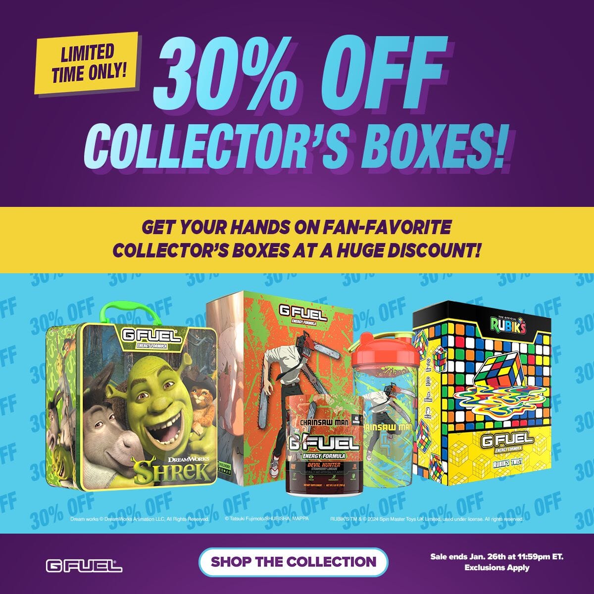 Image of vibrant G FUEL Collector's Boxes displayed on a bold background with a banner announcing '30% Off Collector's Boxes' in eye-catching text. Perfect opportunity to stock up on your favorite flavors and exclusive designs!