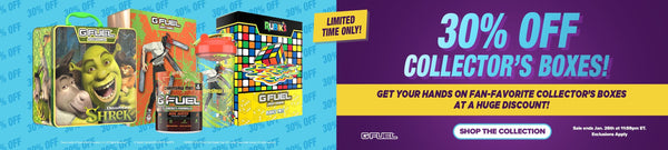 Image of vibrant G FUEL Collector's Boxes displayed on a bold background with a banner announcing '30% Off Collector's Boxes' in eye-catching text. Perfect opportunity to stock up on your favorite flavors and exclusive designs!