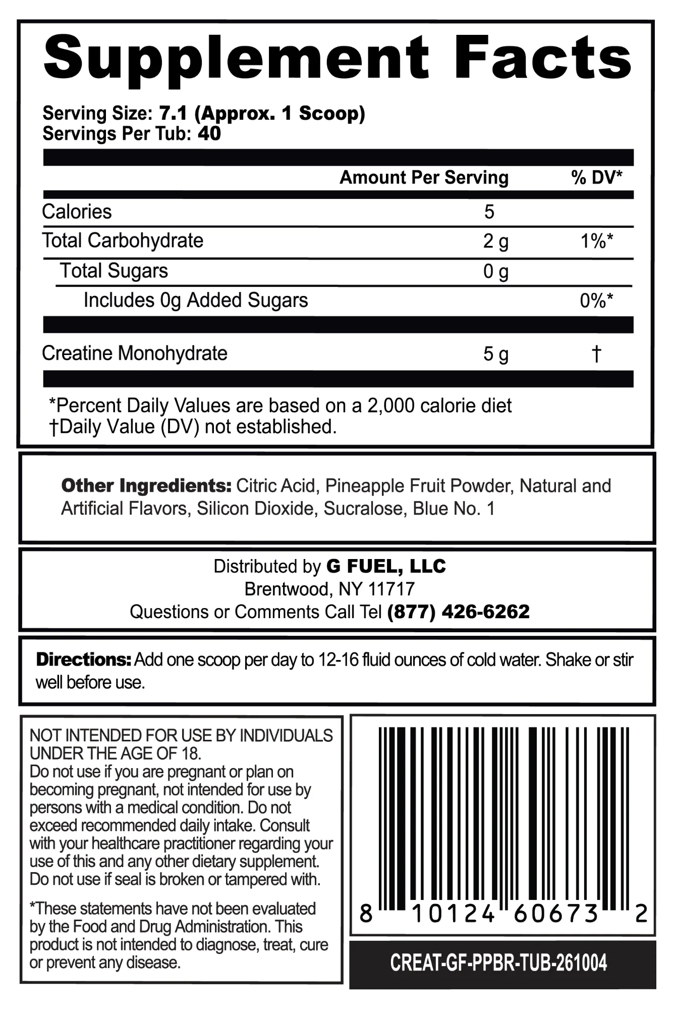 Supplement Facts for Push Pop® Blue Raspberry