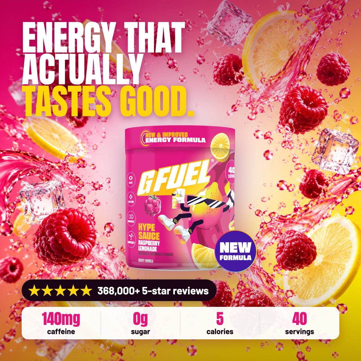 Hype Sauce 2.0 Raspberry Lemonade tub: energy that actually tastes good. 140mg caffeine, 0g sugar, 5 calories, 40 servings